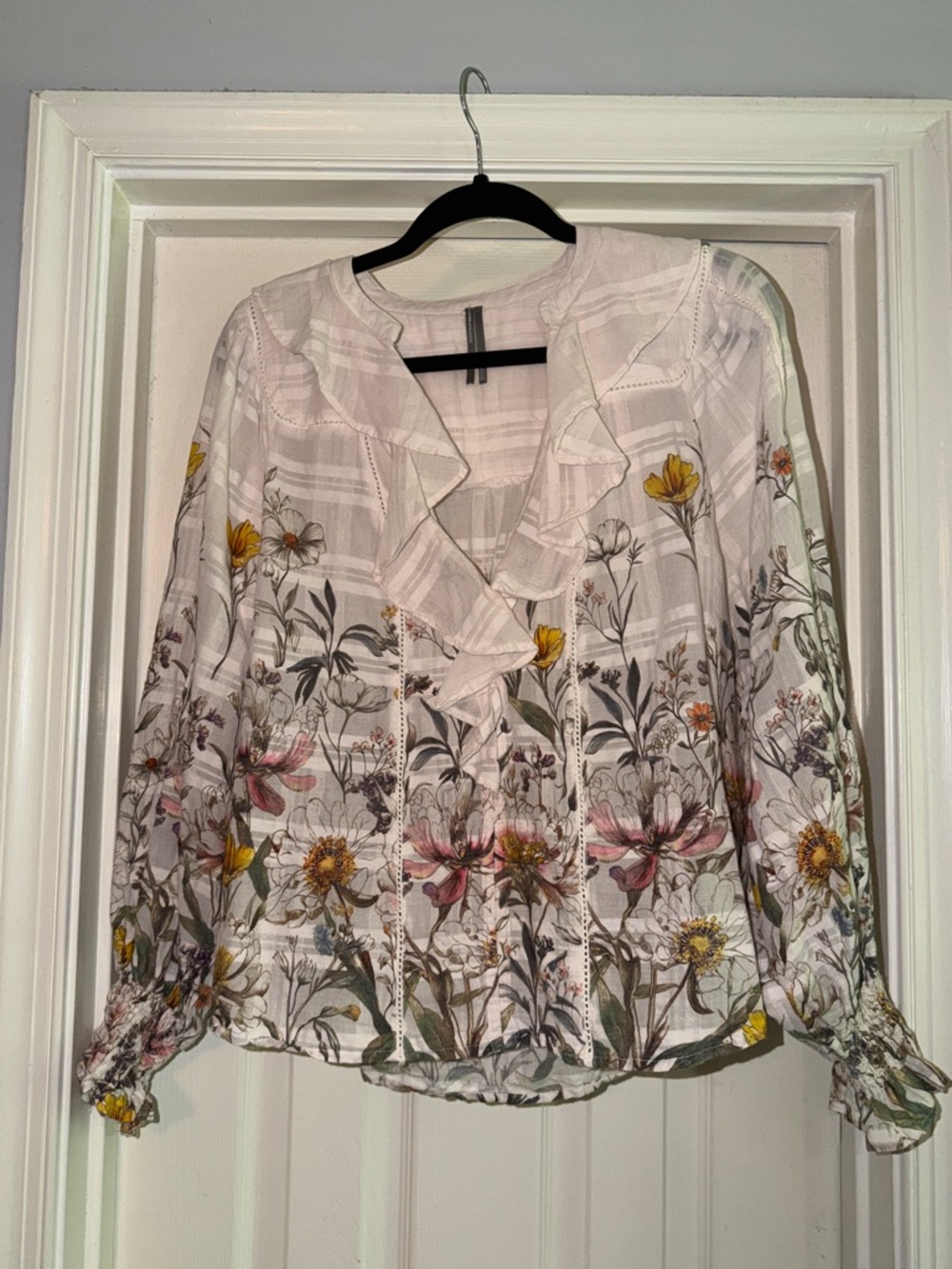 Anthropologie Floral Ruffle V-Neck Blouse with Yellow & Pink Flowers